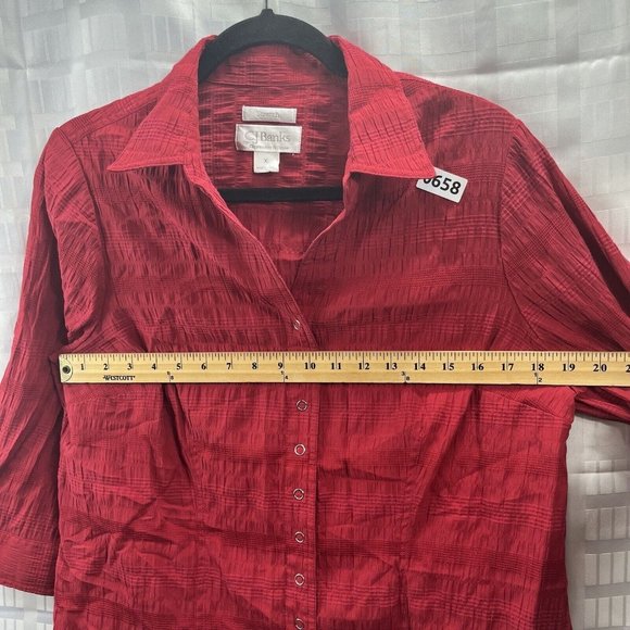 CJ Banks Womens Red Blouse Size X Snap Button Collared 3/4 Sleeve - Picture 5 of 16